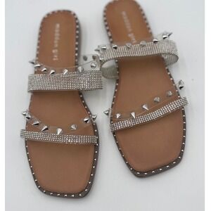Madden Girl Womens Clear Spike Rhinestone Slide Sandals Tan Silver Square Toe 9